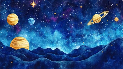 watercolor pattern with planets and stars