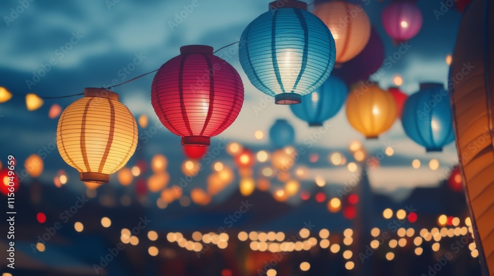 Poster colorful paper lanterns hang against a beautiful twilight sky, creating a magical atmosphere with wa