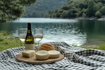 Obraz premium Picnic by the Lake with Wine, Cheese, Bread on Blanket in Serene Nature Setting, Relaxed Outdoor Dining Experience, Leisure, Tranquility Concept