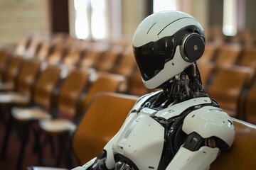 Robot seated in an empty auditorium during a technology conference