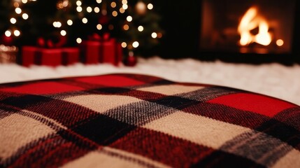 A cozy living room with a large Christmas tree, presents, and a fireplace.