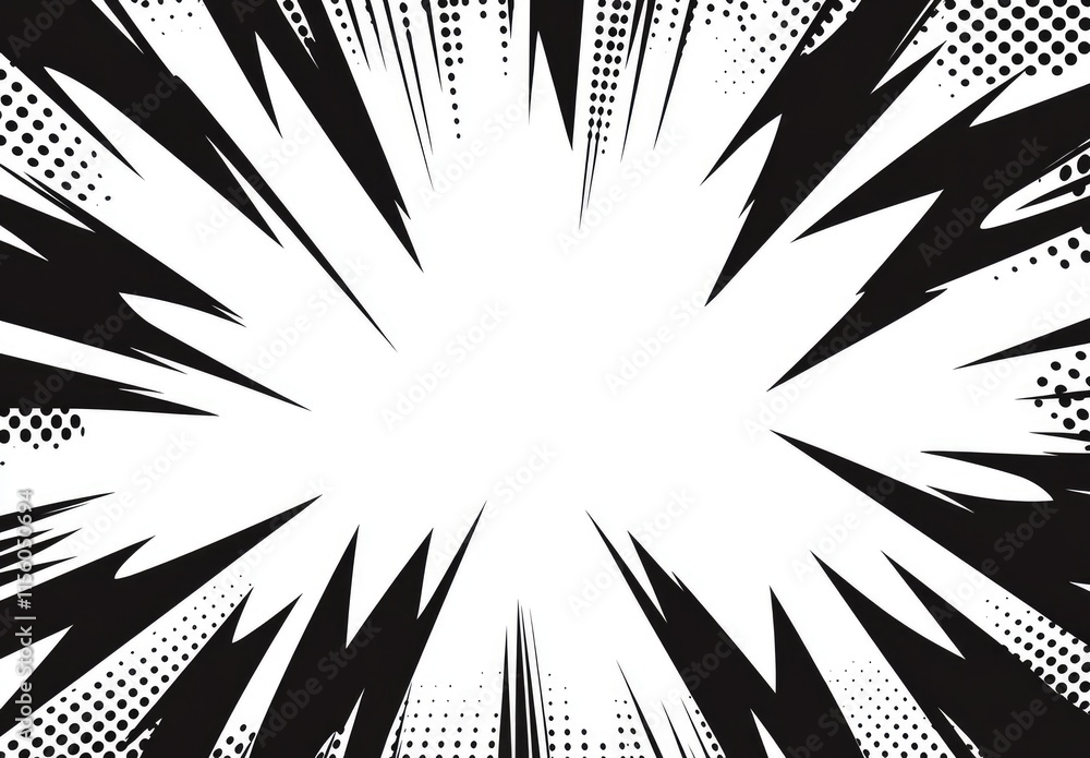Poster a dynamic comic-style explosion effect with sharp black lines on a white background.