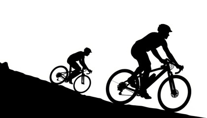 Obraz premium Silhouetted cyclists ascend a steep hill against a stark white background at dawn