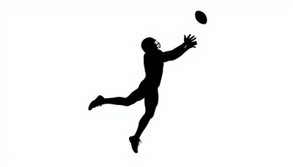 Naklejka premium Dynamic silhouette of a football player leaping to catch a soaring ball against a bright backdrop