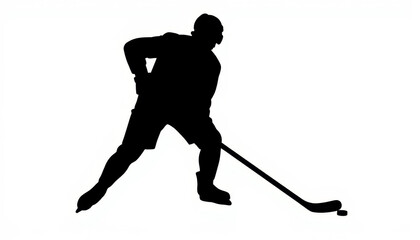 Dynamic silhouette of a hockey player poised to take a shot on the ice during a spirited game at sunset