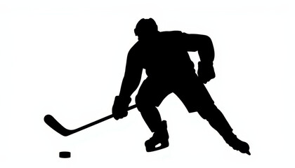Dynamic silhouette of a hockey player preparing to take a shot during an intense game in a well-lit ice rink