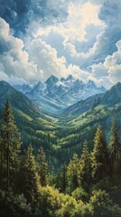 Fototapeta premium Majestic mountain landscape with lush forests and dramatic skies at sunset