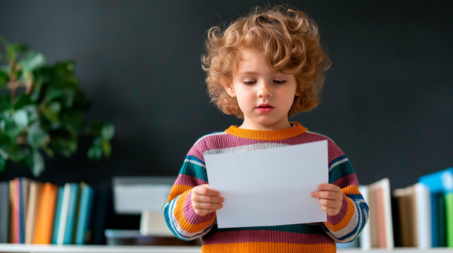 Little boy holding blank sheet of paper in the classroom. Copy space.