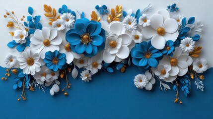 A stunning arrangement of 3D blue and white flowers with golden accents, artistically crafted on a gradient blue canvas, symbolizing elegance and creativity in art.