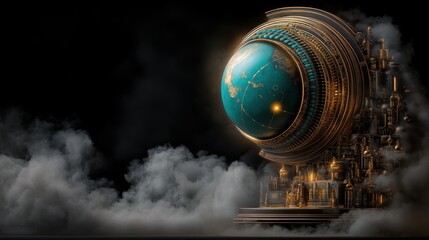 A mystical depiction of a globe set within a smoky steampunk atmosphere, capturing a fusion of mystery and fantasy with intricately mechanical surroundings.