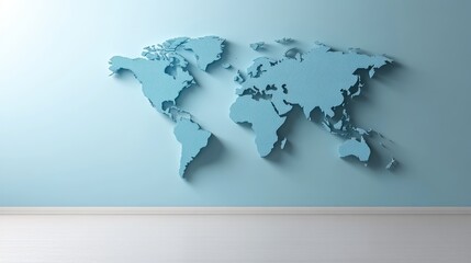 A minimalistic map of the world depicted on a blue background adds a modern aesthetic, reflecting simplicity and style while emphasizing the global landscape layout.