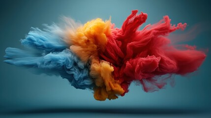 A stunning blend of blue, yellow, and red colors intertwines, producing a vivid and dynamic abstract cloud-like composition against a soft background.