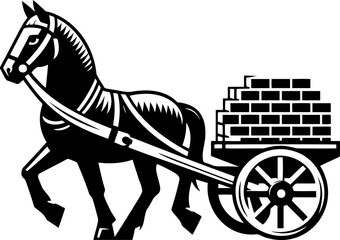 Black and White Line Art Illustration of a Horse Pulling a Cart of Bricks