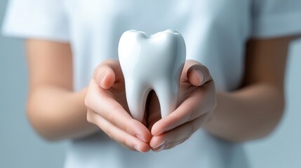 A realistic, white tooth model is gently cradled by a pair of hands, emphasizing themes of dental health, care, and hygiene in a serene and thoughtful composition.