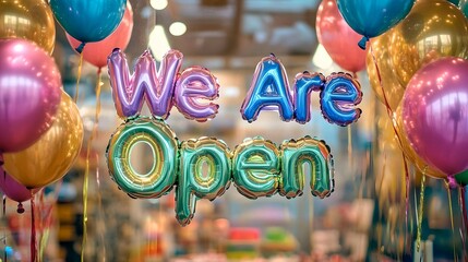 Vibrant "We Are Open" Balloon Display  
