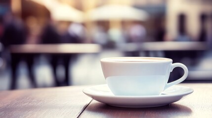 Serene Caf&eacute; Scene with a White Coffee Cup Resting on a Wooden Table in Soft Focus, Evoking a Warm Atmosphere of Relaxation and Leisurely Moments