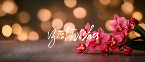 Naklejka premium Pink Orchid Flowers with Best Wishes on Bokeh Background
