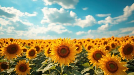 Obraz premium Expansive sunflower field under a bright blue sky with fluffy white clouds on a sunny summer day creating a picturesque natural landscape