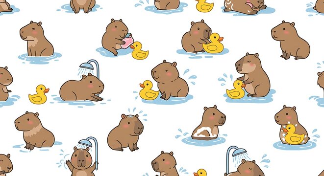 Fototapeta apybara seamless pattern swimming shower duck rubber vector cartoon pet doodle south america animal gift wrapping paper tile background repeat wallpaper illustration scarf isolated design