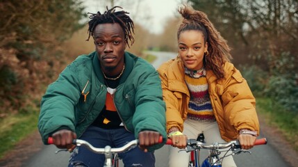 Obraz premium Two Young Adults Riding Bicycles on a Scenic Path Through Nature, Enjoying Their Day Together with Vibrant Jackets and Smiles, Celebrating Friendship and Adventure