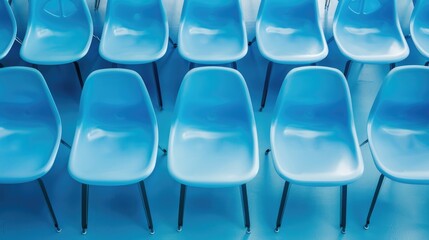 Blue plastic chairs in rows with metal legs on a matching blue background, showcasing repetition and simplicity in design.