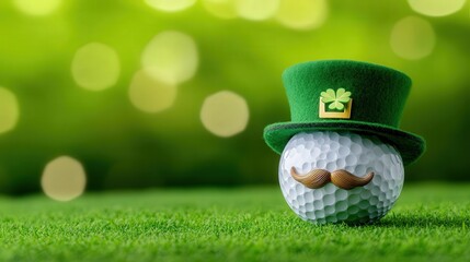 a golf ball, wearing a leprechaun hat, mustache, green in background
