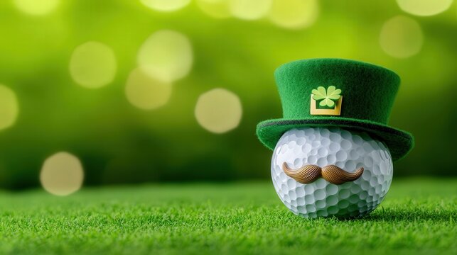 a golf ball, wearing a leprechaun hat, mustache, green in background - Powered by Adobe