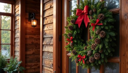 Fototapeta premium Christmas wreath with pinecones and red ribbons on wooden door