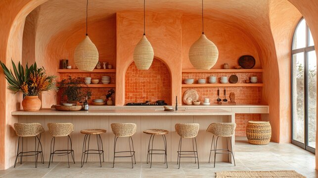 Modern kitchen with terracotta walls, arched doorways, woven pendant lights, and rattan bar stools.