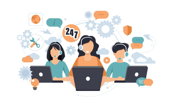 Customer service, hotline operators consult customers with headsets on computers, 247 global online technical support, Call center, call processing system, Vector illustration