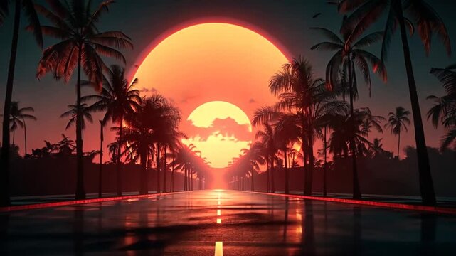 A stunning sunset illuminates a tranquil road flanked by palm trees. The vibrant orange sun casts reflections on the wet asphalt, creating an enchanting atmosphere