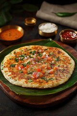 South Indian Uthappam on Banana Leaf with Chutneys and Sambar, Close-Up Culinary Delight