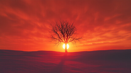 Obraz premium 赤い夕日に照らされる雪原の木