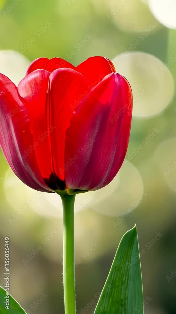 Poster bright red tulip blooming in a lush garden during springtime with soft bokeh background