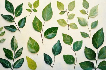 Variety of leaves displayed on a light background showcasing different shades and shapes