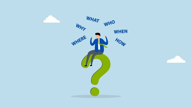 5w1h asking questions for solution to solve problem, 4k animation of composed entrepreneur contemplating a big question mark pondering who, what, where, when, why, and how. 