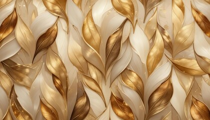 An elegant abstract pattern of overlapping feather-like shapes in shades of gold, bronze, and soft cream, arranged in a flowing, seamless design with subtle textures and shimmering highlights 
