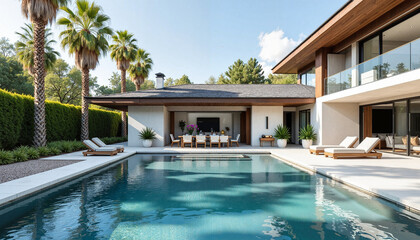 Fototapeta premium Modern house with pool surrounded by palm trees