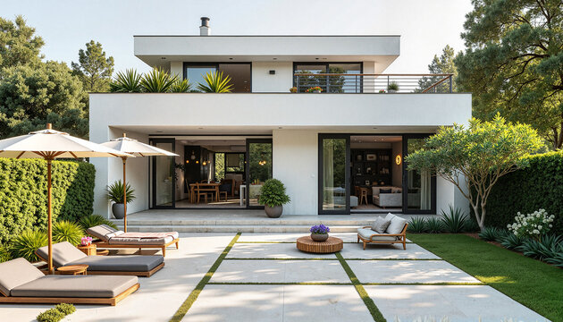 Modern house with outdoor lounge area and landscaping