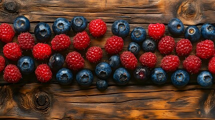 A high-quality close-up shot of vibrant red raspberries and blueberries arranged neatly on a rustic wooden table. The natural textures of the wood complement the vivid color of the berries, with light