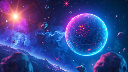 Illustration on the topic of outer space, interstellar travels, universe and distant galaxies.