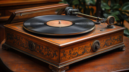 Vinyl records spinning on an elegant vintage player creating a warm atmosphere