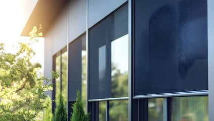 Modern Building Exterior Dark Sunshades Window Screens Green Plants