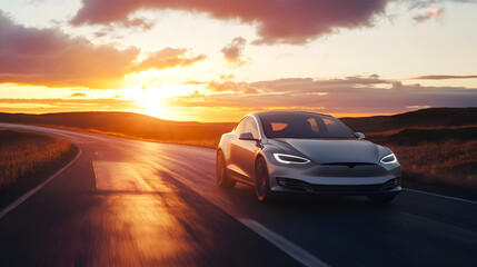 A futuristic electric car on an open road at sunset