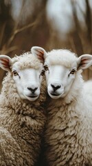 Obraz premium Twin sheep grazing in a grassy field during a calm day