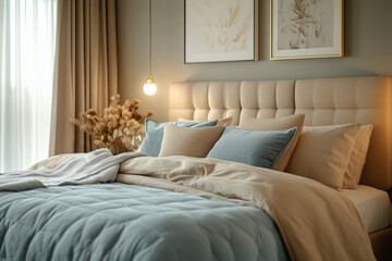 Cozy modern bedroom designed with neutral tones and soft textures