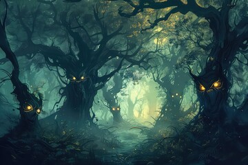 Obraz premium A haunted forest with glowing eyes peering from the darkness
