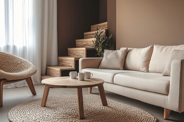 Modern living room interior with beige sofa, wooden stairs, and coffee table.
