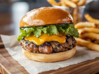 Burger with a juicy patty, melted cheese, and fresh lettuce, served on a wooden tray with fries.