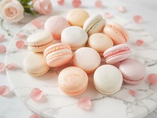 Obraz premium Assorted macarons in pastel colors, arranged on a marble platter with scattered rose petals